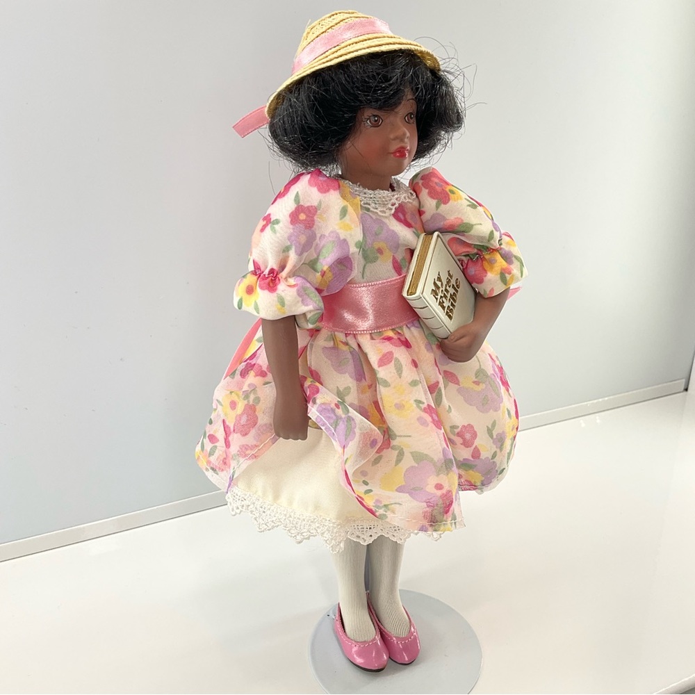 AVON Porcelain Black Doll sz 9.5” Tall African American Sunday Best Bible Pink +